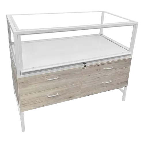 48" Luxury Showcase w/ Locking Storage & LED Lights - Barnwood, White Metal Frame