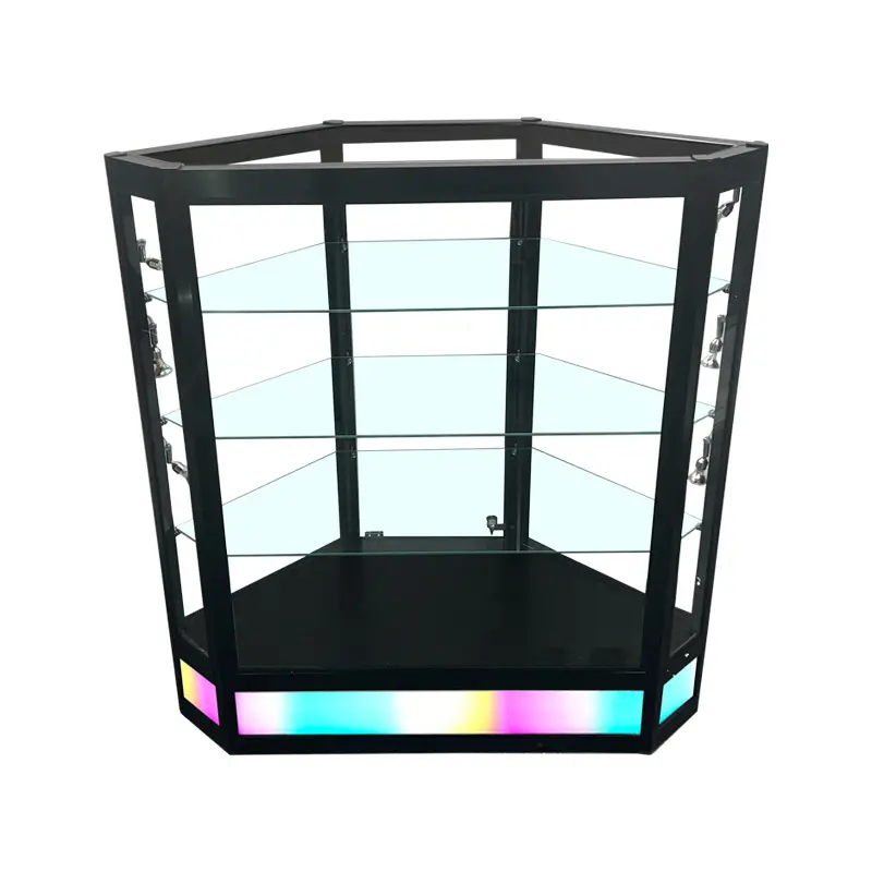 Radius Edge Corner Glass Showcase with Dynamic RGB Chasing Lights