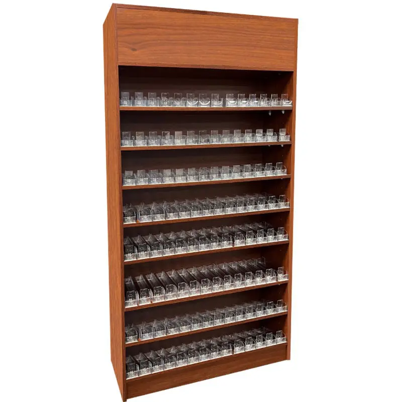 Cigarette Wall Case Display w/ Acrylic Pushers & Top Storage - Cherry