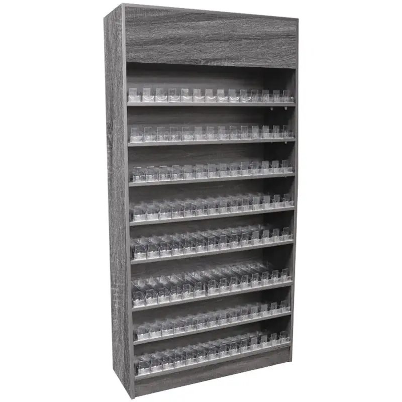 Cigarette Wall Case Display w/ Acrylic Pushers & Top Storage - Rustic Grey