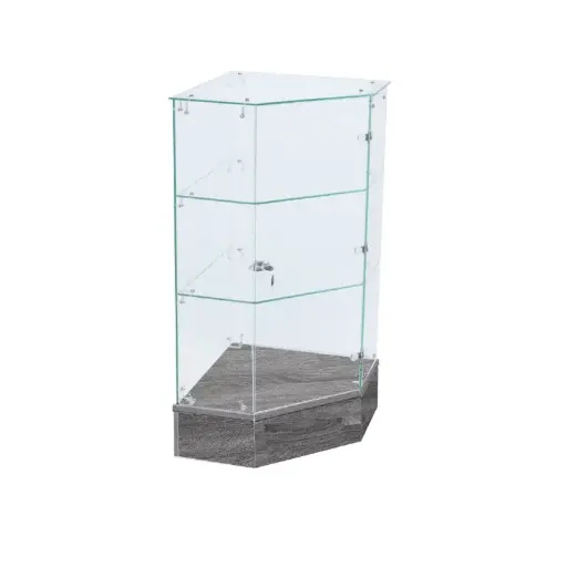 [SAGPD18RG] Full Vision Pentagon Frameless Corner w/ Locking Swing Door - Rustic Gray