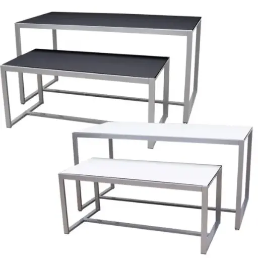 [2TRNT-B] Modern Silver Nesting Table Set - Reversible Black / White Tops