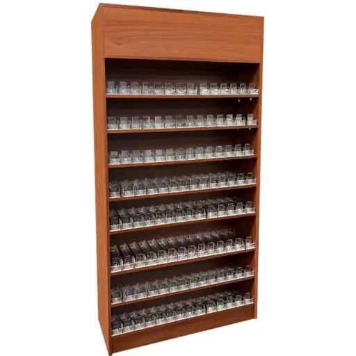 [WC3F-C] Cigarette Wall Case Display w/ Acrylic Pushers & Top Storage - Cherry