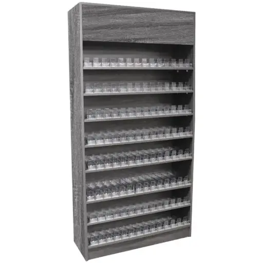 [WC3F-RG] Cigarette Wall Case Display w/ Acrylic Pushers & Top Storage - Rustic Grey